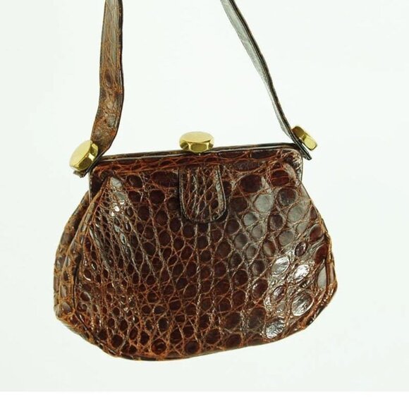 1940s alligator handbag with large brass bolt hardware - Picture 1 of 4